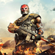 A Call of Duty man in armor wielding a large gun while standing in front of destruction.